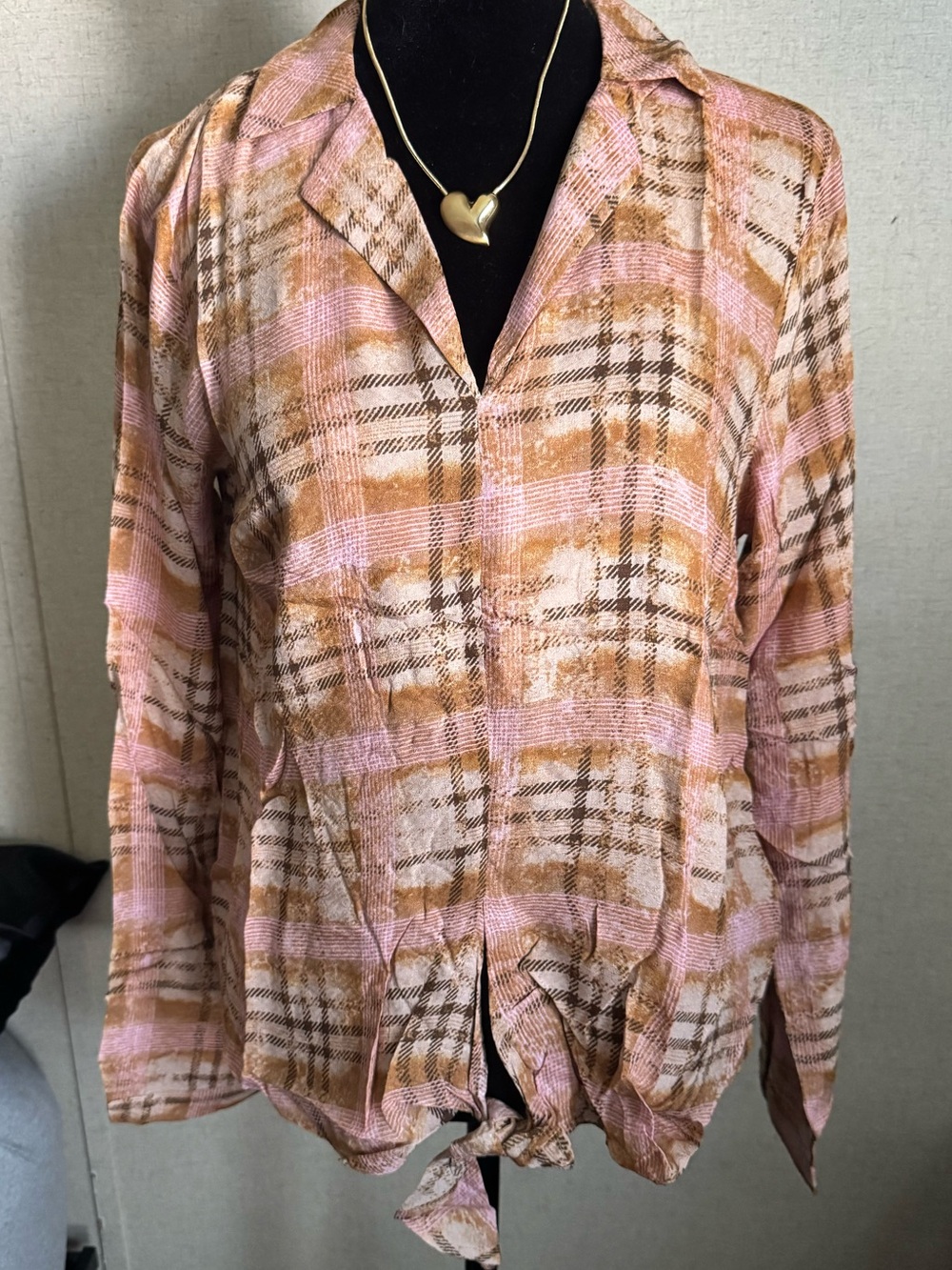 Mystree Pink and Brown Plaid Tie-Front Button Down Blouse